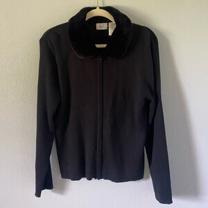 Katie Lee women’s black faux fur collar jacket size large mob wife luxe vintage